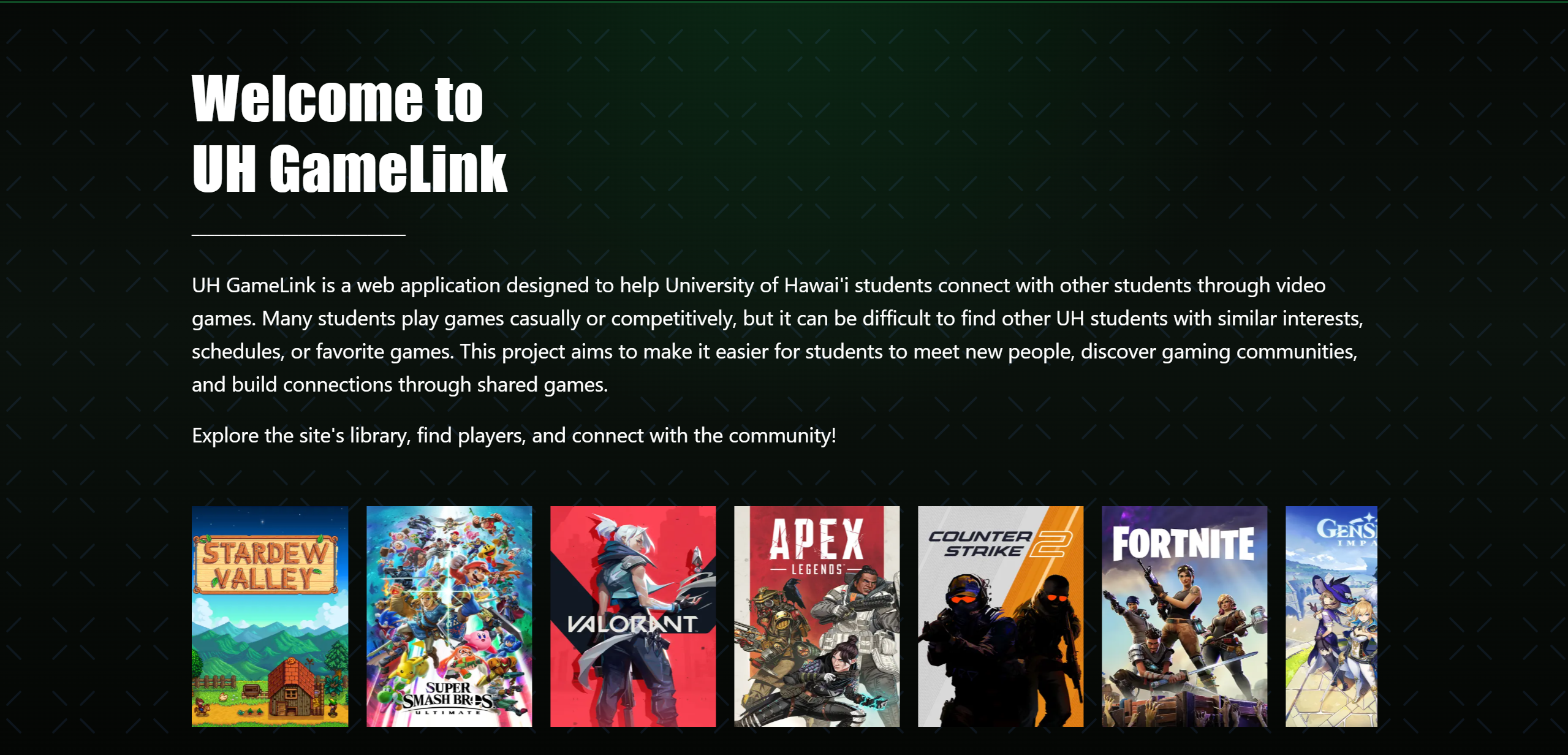 UH GameLink application interface displaying the main dashboard with navigation menu, user profile section, and game linking features in a modern web design layout